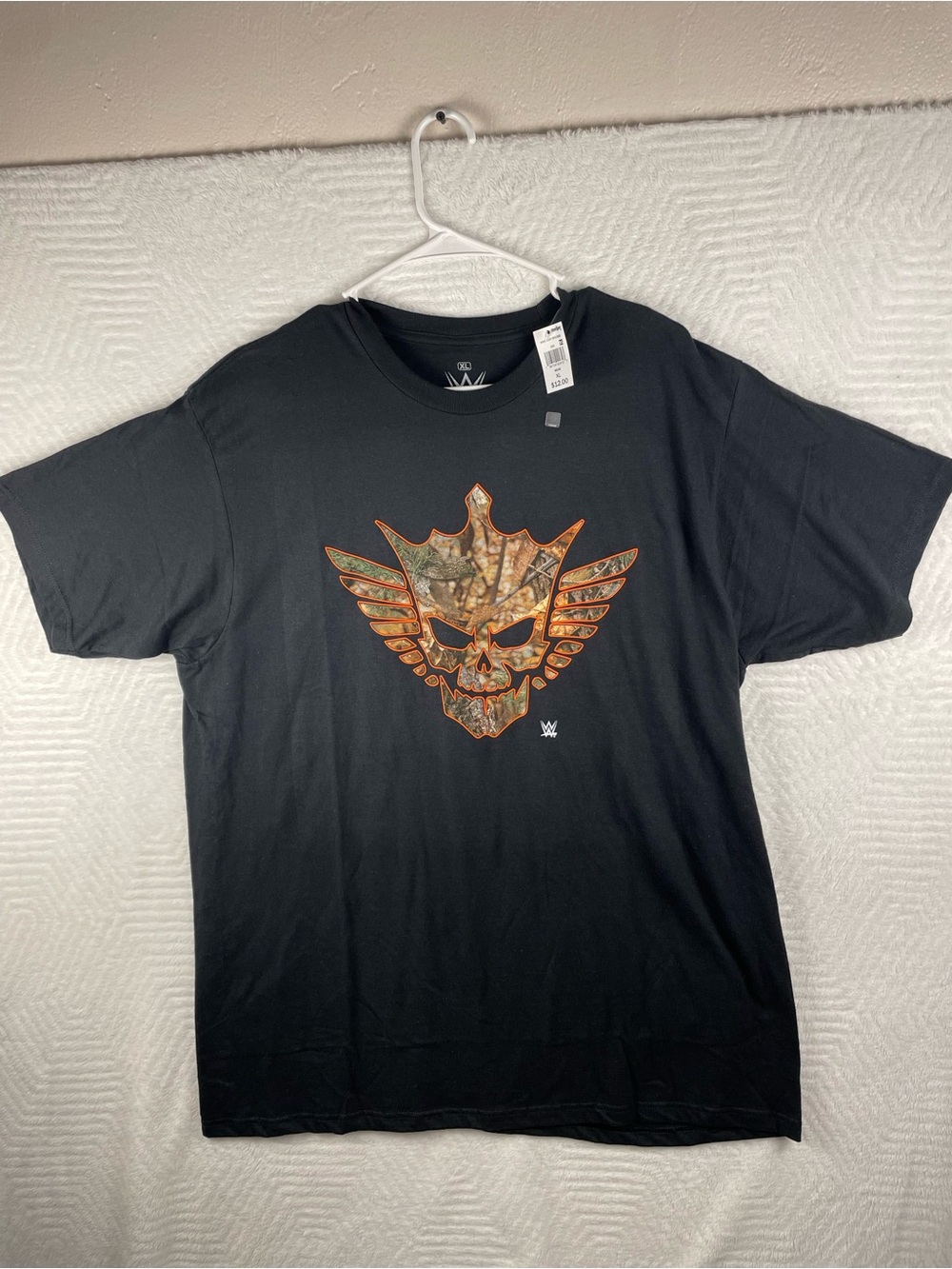 Ripple Junction Black Graphic Skull Tee with Camo Orange Accents